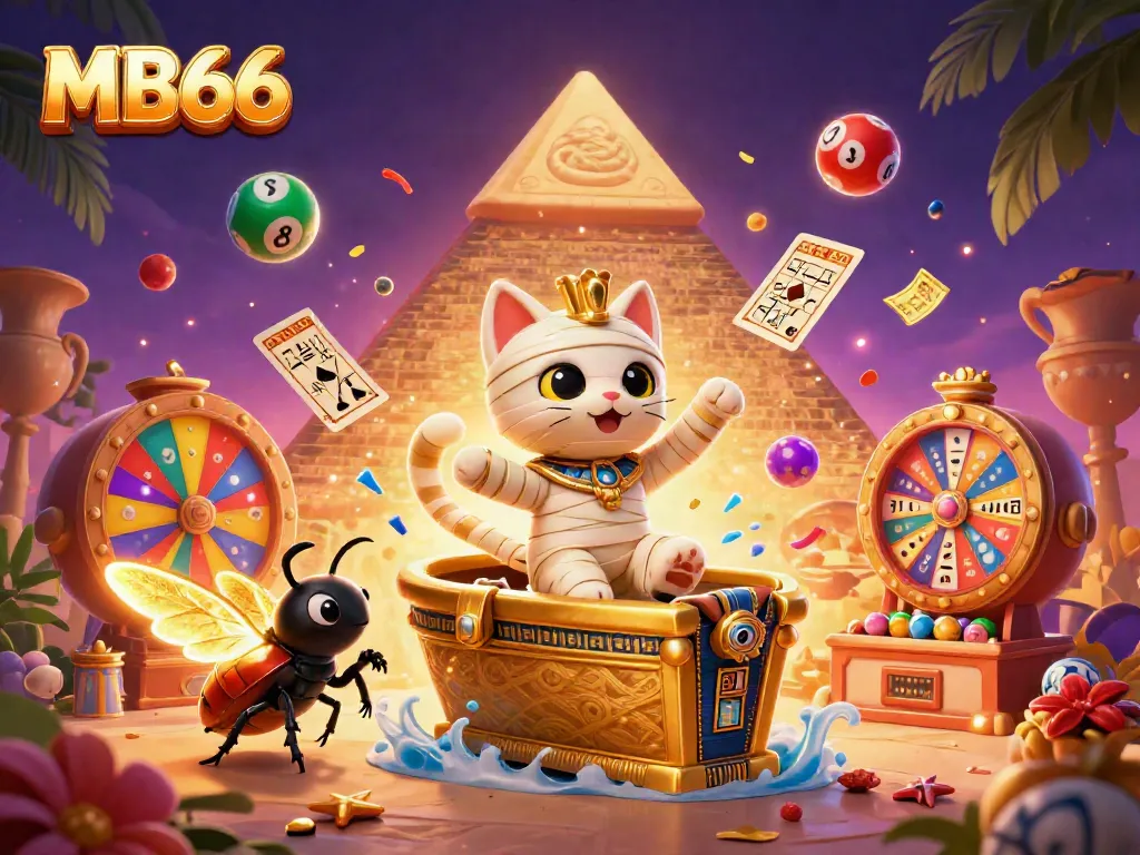 Experience thrilling gameplay at MB66 with the Egyptian mummy cat and golden icons in an exciting casino scene.