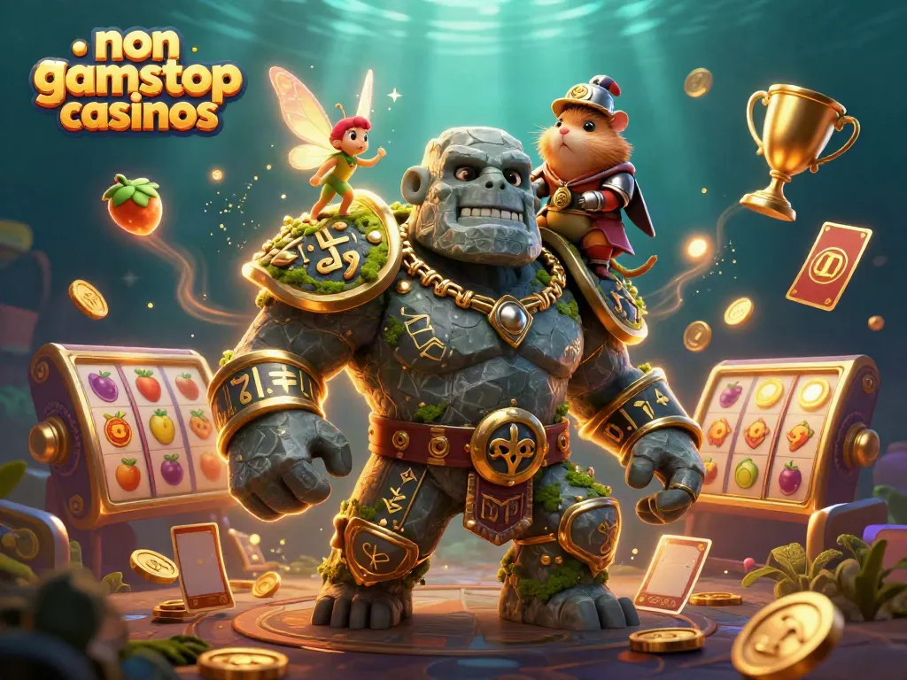 Engage with non gamstop casinos featuring enchanting characters and dynamic casino elements in vibrant 3D illustration.