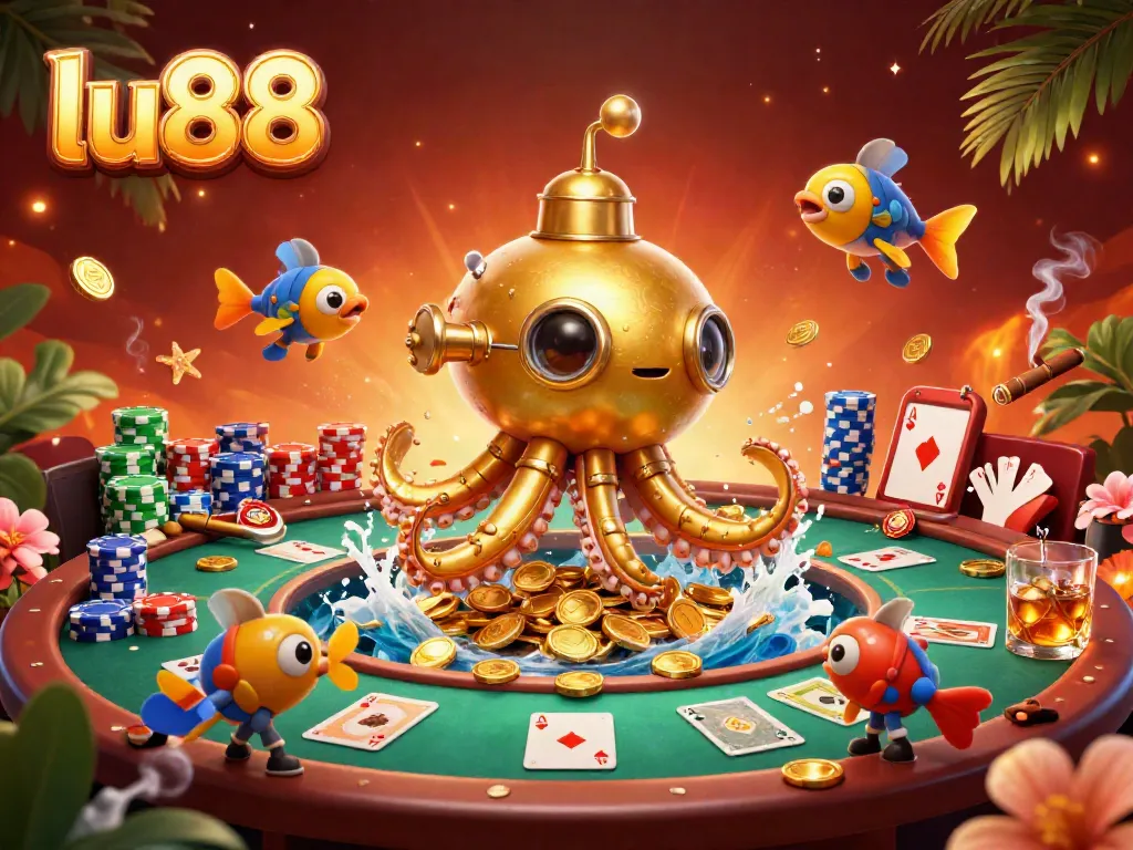 Experience exciting gameplay at lu88 with a vibrant scene featuring a 3D golden kraken submarine amidst poker chips and cards.