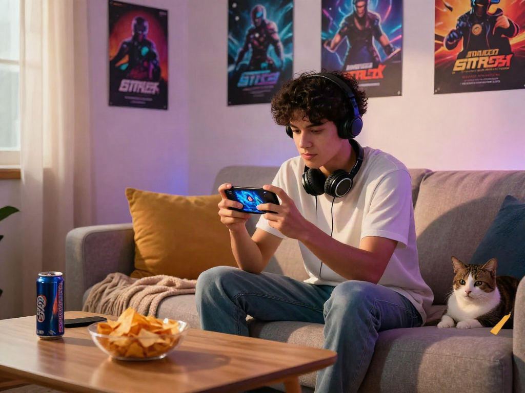 Engaged gamer playing a mobile porn game on smartphone in a cozy living room setting.