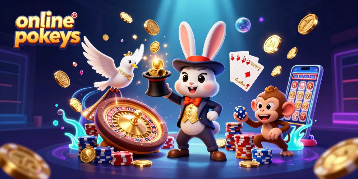 Engage with thrilling online pokies as a magician rabbit conjures golden coins and poker chips in a magical casino setting.