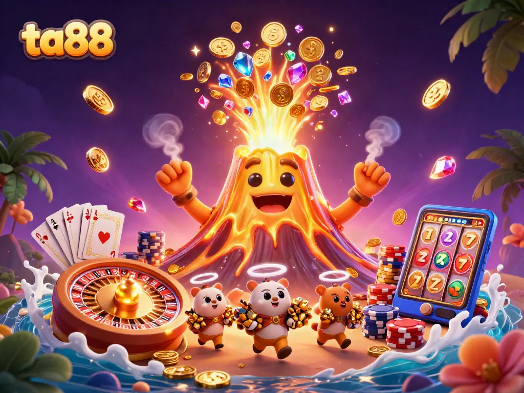 Experience the thrill of ta88 with vibrant treasures erupting from a golden volcano.
