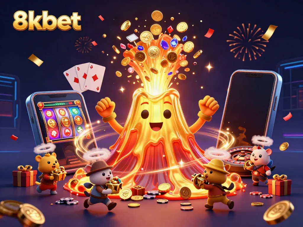 8kbet celebrates winnings with a vibrant casino scene featuring a golden volcano and popular slot games.