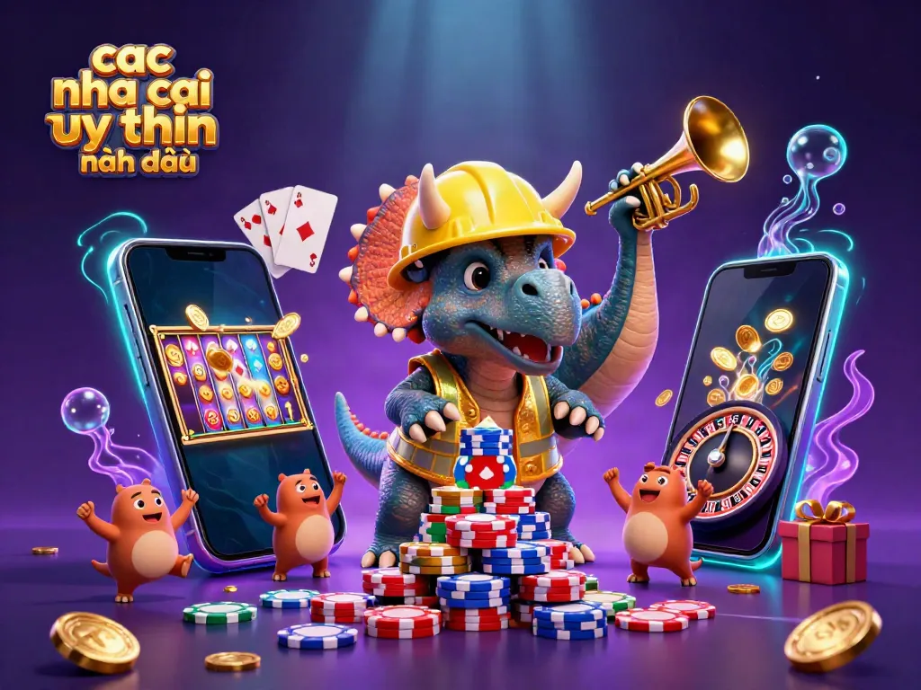Engaging illustration showcasing cac nha cai uy tin hàng đầu with a triceratops and parasaurolophus celebrating around casino elements