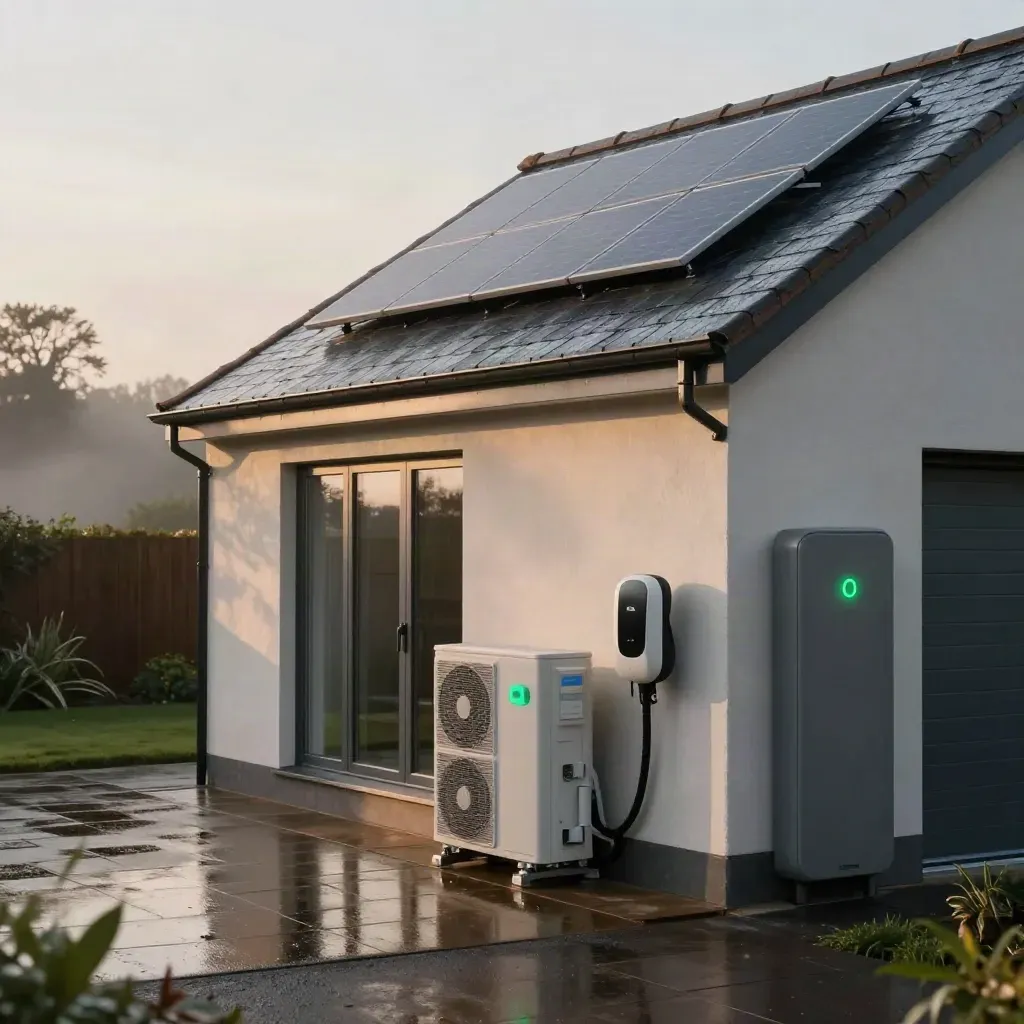 Rain-soaked semi-detached home with solar panels, EV charger, battery and heat pump at dusk