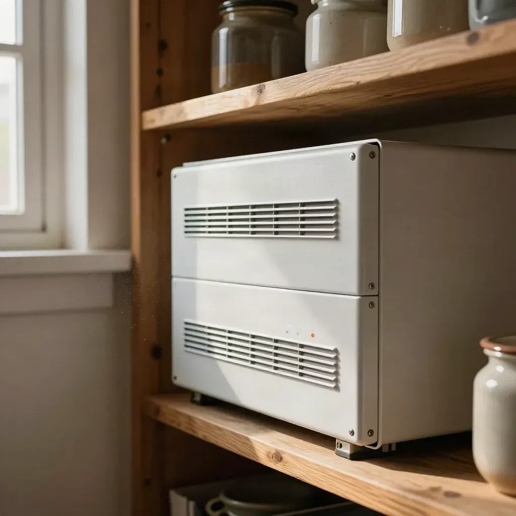 White battery storage cabinet and inverter glowing in a warm utility room