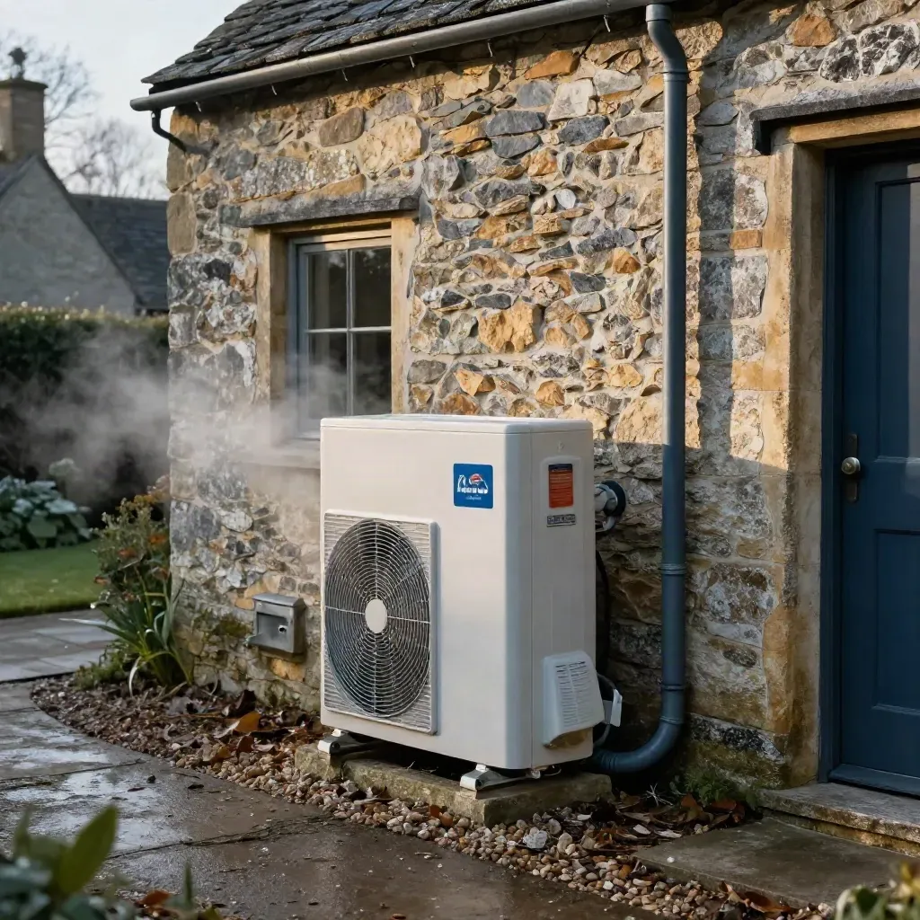 Heat pump beside a stone cottage wall with mist over a damp gravel path.
