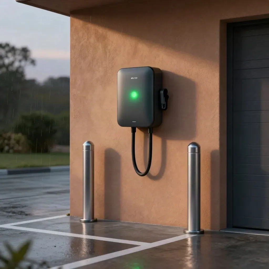 EV wallbox pulsing on a wet garage wall beside a bollard and painted bay line at dusk