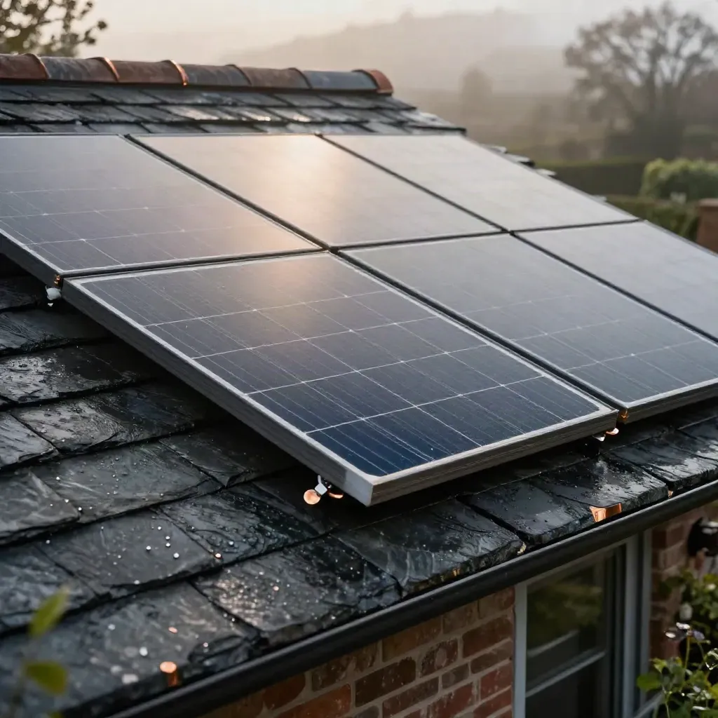 Solar panels on a wet slate roof with copper flashing, shot low from the garden.