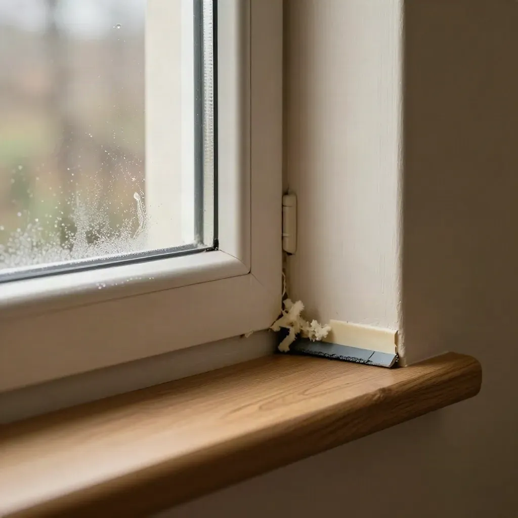 Close-up of a window edge with draught strip, condensation, and sealed insulation repair.
