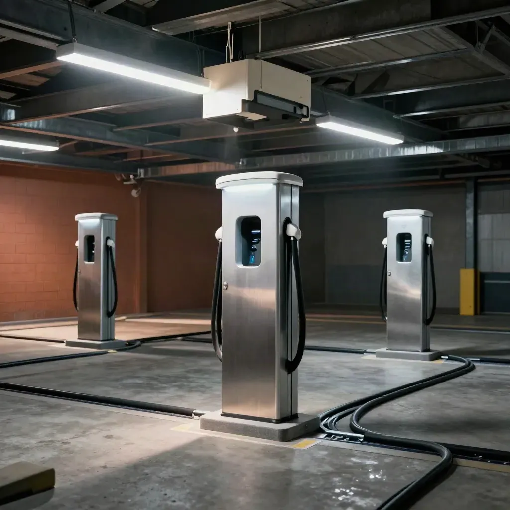Industrial mezzanine retrofit bay with LED battens, EV pedestals and cable routes in dramatic light.