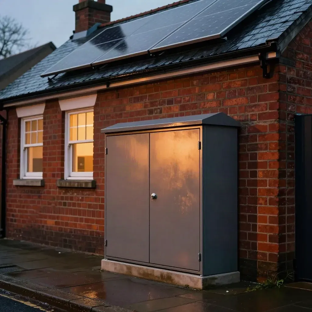 Bristol terrace at dusk with roof solar and a glowing battery cabinet after rain.