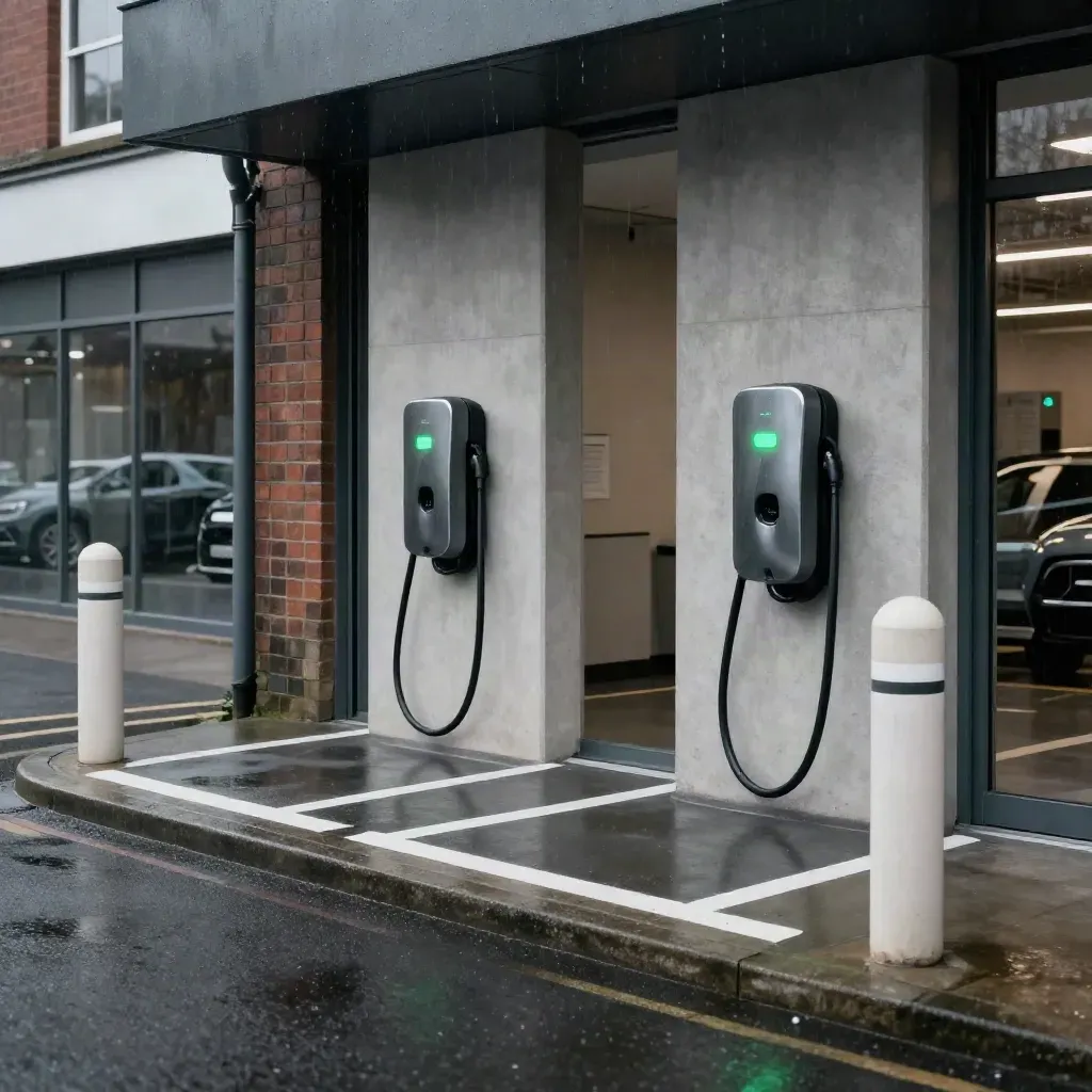 Wet retail car park with two new EV chargers beside freshly painted bays and bollards