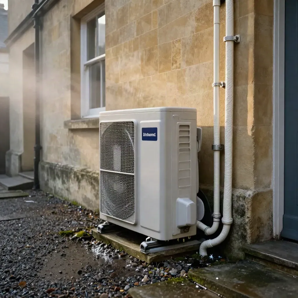 Heat pump beside a Bath townhouse wall with wet gravel and steam