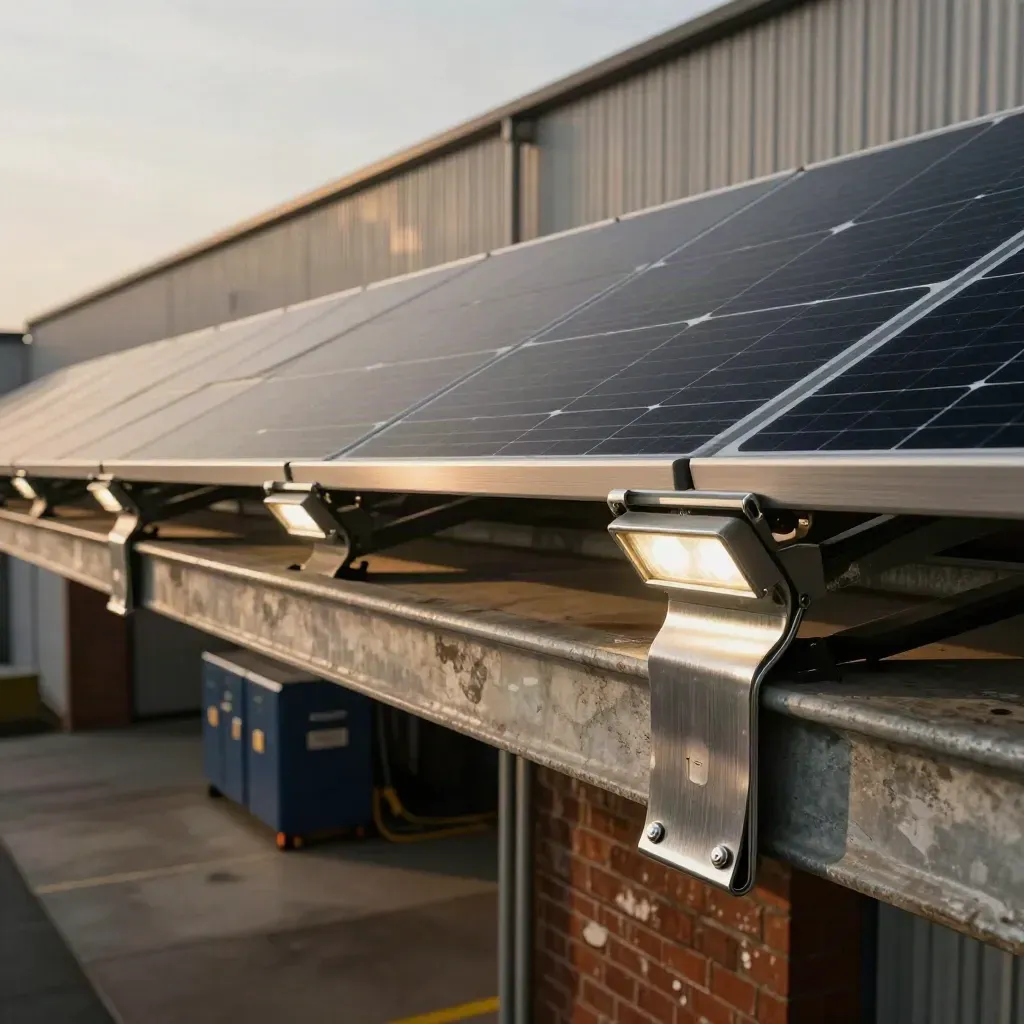 Warehouse retrofit detail with roof solar, LED lights and EV charger banks in industrial haze.