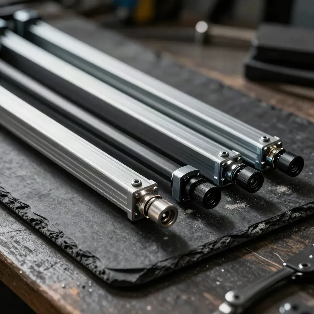 Top-down macro of solar roof hooks, aluminium rails, and MC4 caps on a dark workbench.
