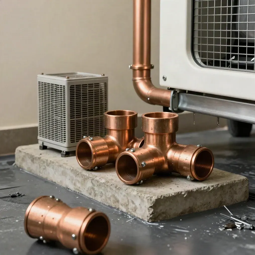 Heat pump parts on a concrete plinth with hard side light and condensation.