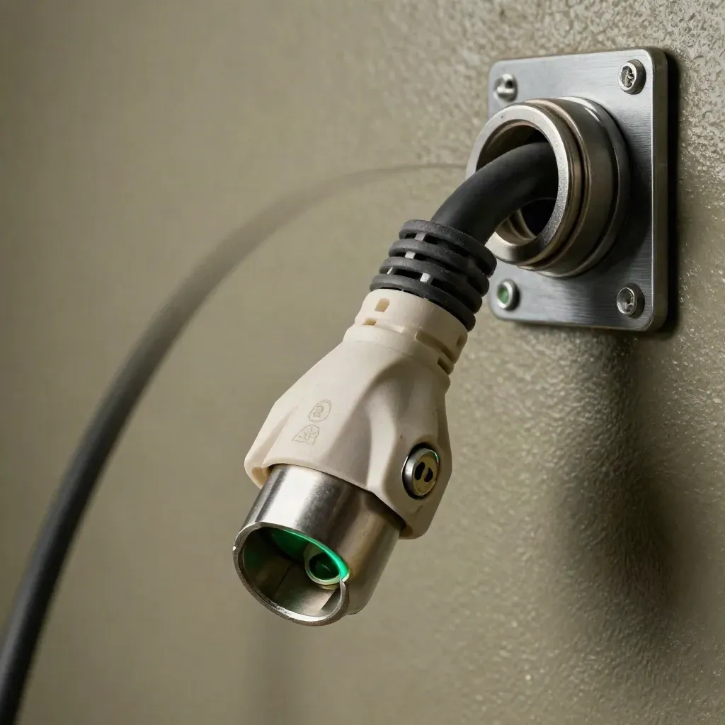 EV charger connector, coiled cable, wall bracket and gland on a textured garage wall