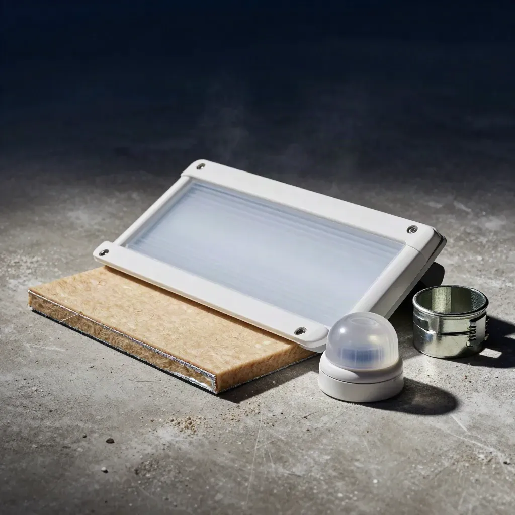 Retrofit kit parts on concrete: LED batten, PIR dome, insulation sample, and conduit coupler.