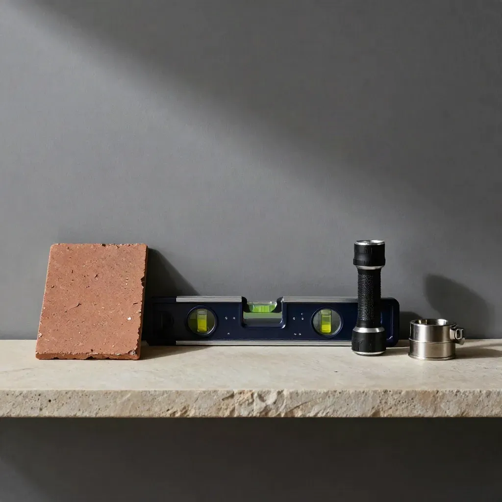 Overhead flatlay of roof tile sample, spirit level, flashlight and cable gland on pale stone.