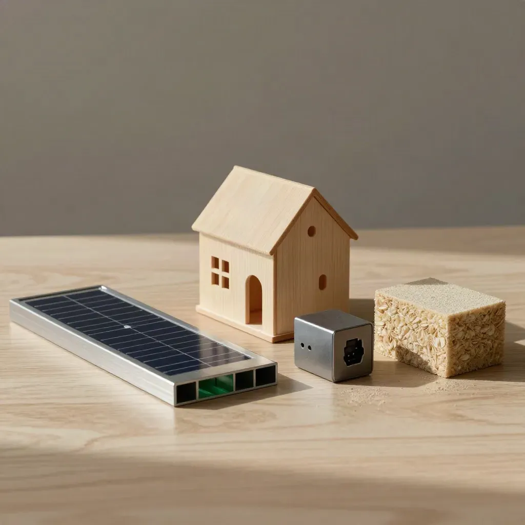 Solar planning still life with timber house model, rail sample, battery module, socket and insulation on pale oak.