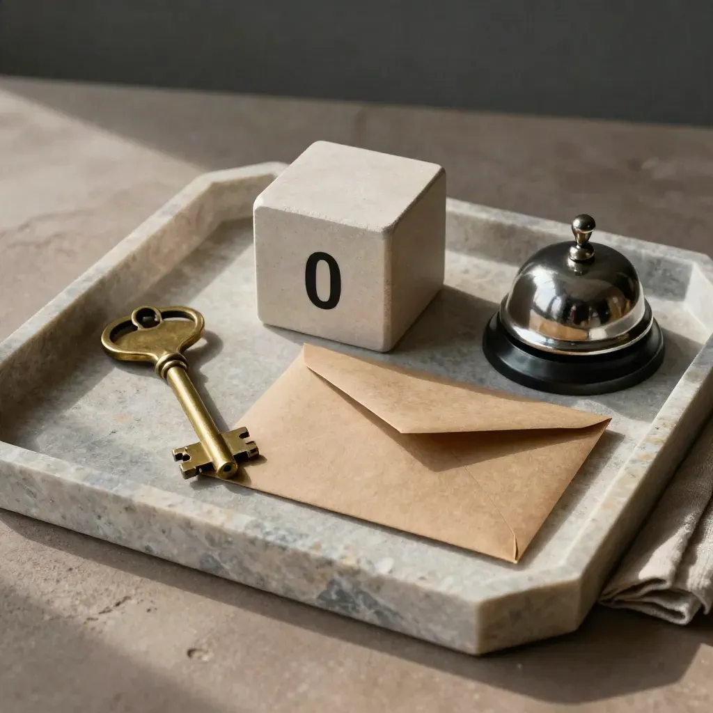Top-down tray with brass key, calendar cube, envelope, bell, and linen cloth.
