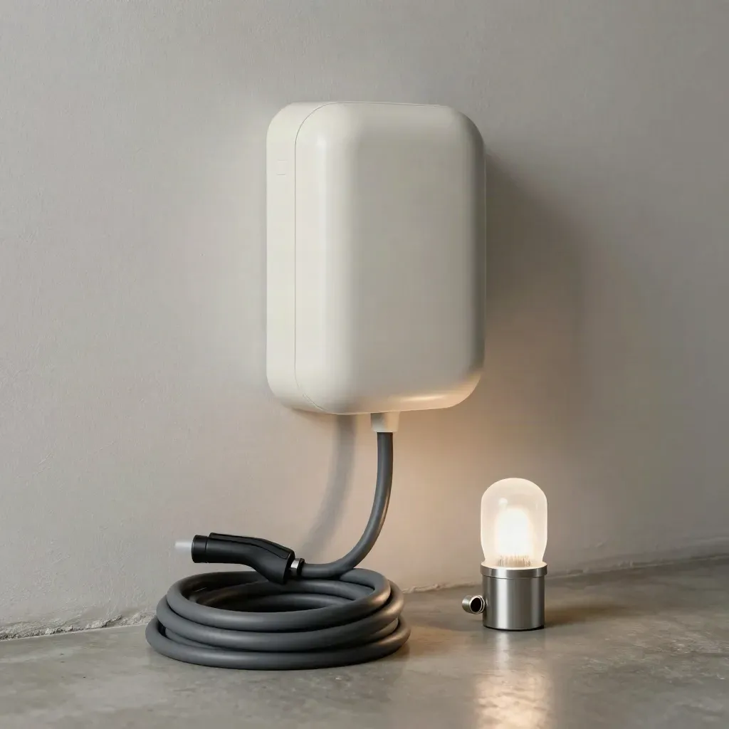 EV wallbox with coiled cable, test lamp and conduit on a pale garage wall