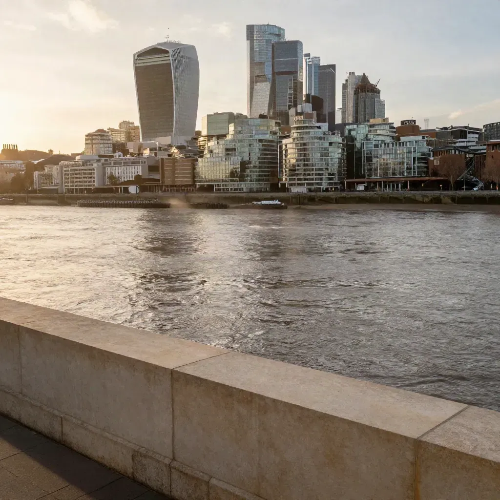 Hazy sunset over the Thames with South London and Canary Wharf skyline.