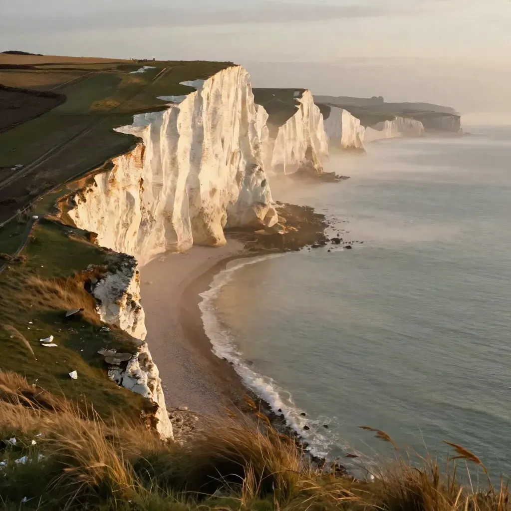 Seven Sisters cliffs glowing at golden hour above a calm misty Channel
