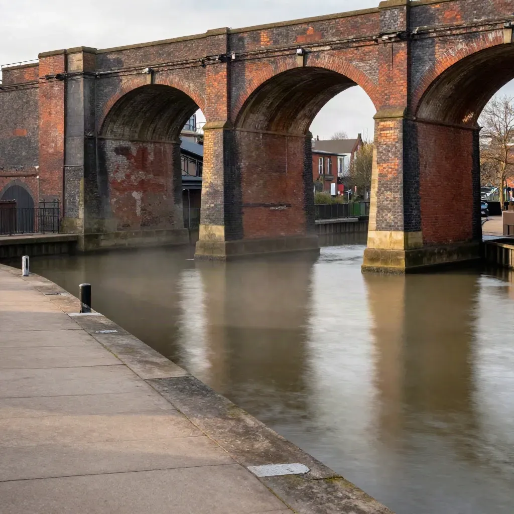 Birmingham canal basin with brick viaducts, calm water, and warm evening haze