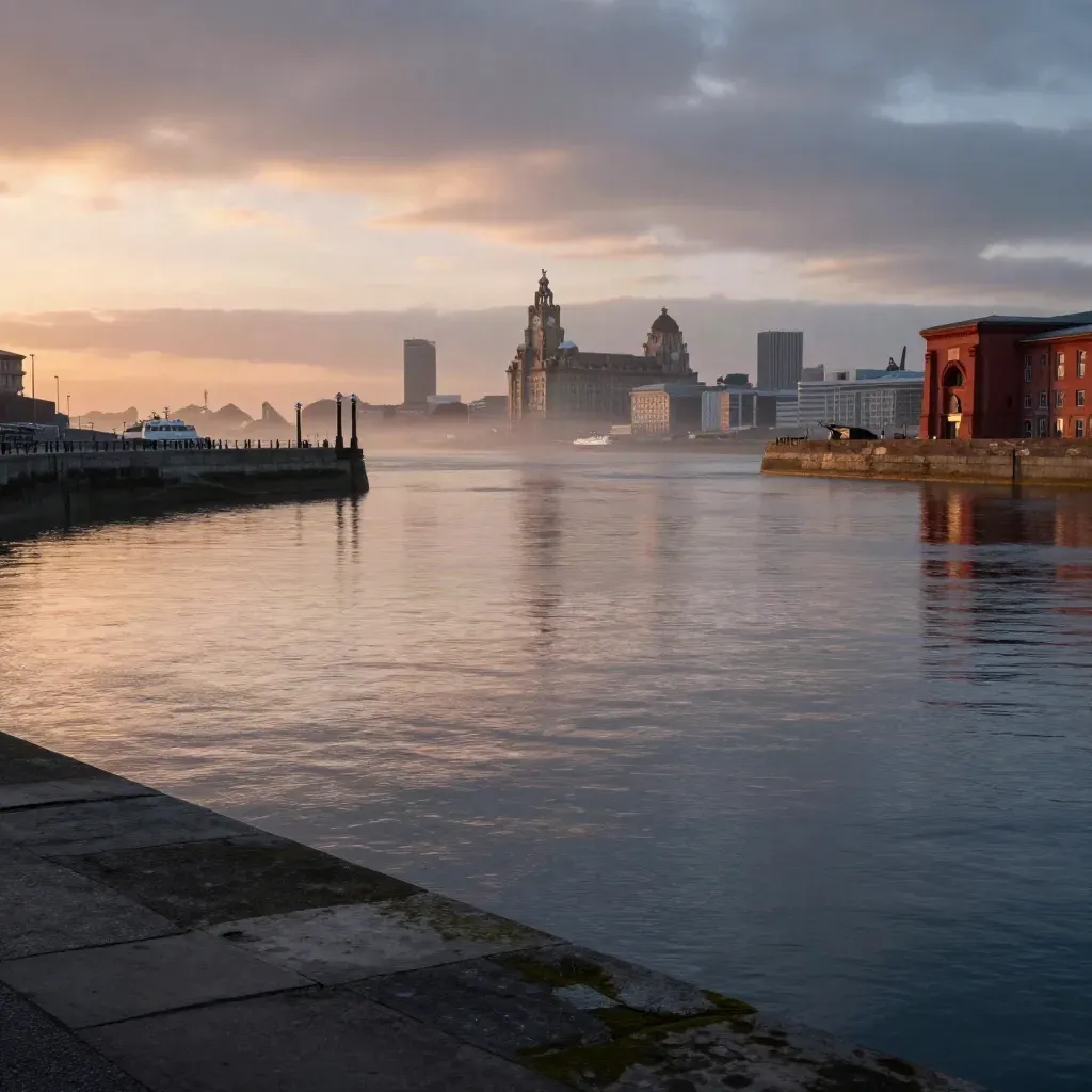 Liverpool waterfront and the Mersey at sunset with low cloud and calm reflective water.