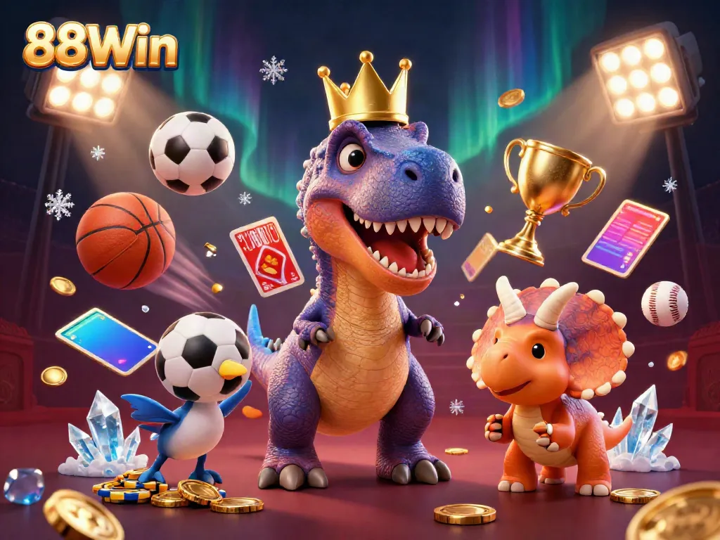 Engage with thrilling gaming action at 88Win, featuring a vibrant illustration of card games and sports elements.