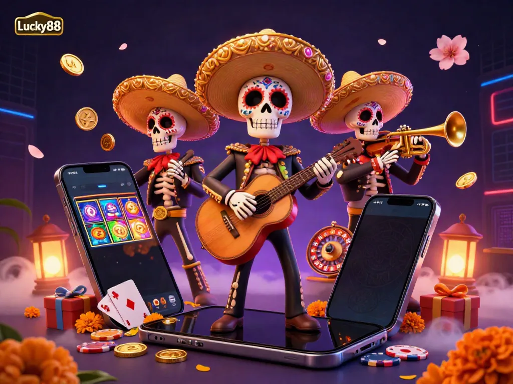 Experience the excitement with Lucky88 as vibrant mariachi skeletons celebrate with captivating casino elements.