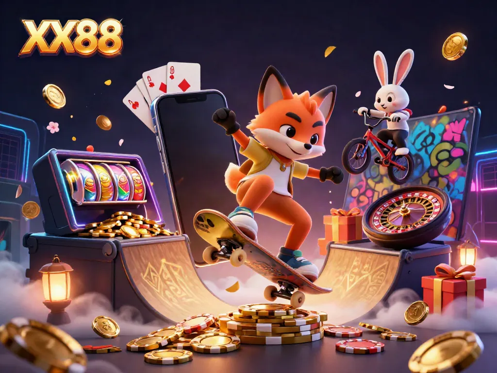 Experience the excitement of XX88 with a dynamic scene of a skateboarder fox and BMX rabbit in a casino-themed illustration.