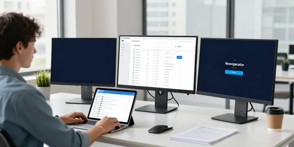 Buy domain name in a modern web development setup with multiple screens.