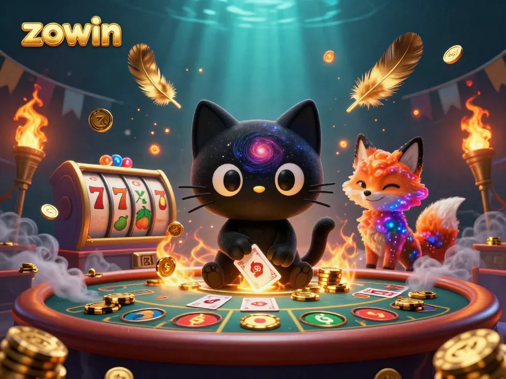 Engage in the cosmic casino experience with the zowin black hole cat and nebula fox.