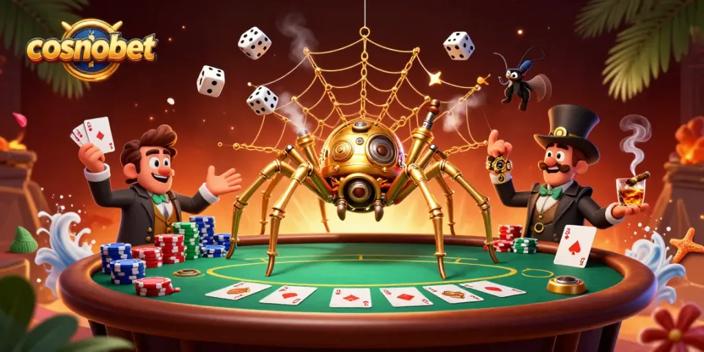 Engage in thrilling gameplay at Cosmobet with a steampunk spider and poker elements.