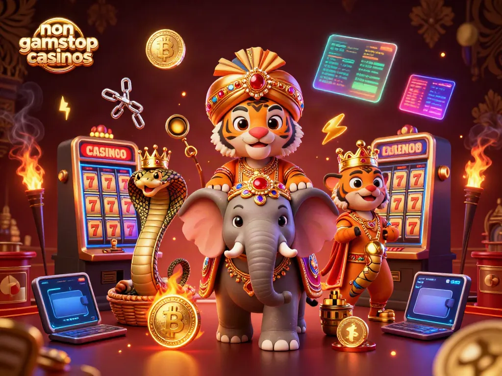 A vibrant scene of non gamstop casinos featuring a cartoon Indian maharaja tiger and ornate characters in a lush casino.