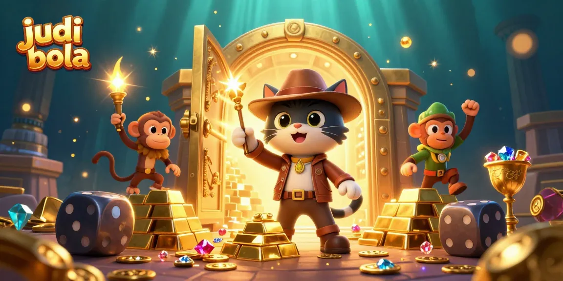 Engage in judi bola with strategic betting illustrated by an explorer cat finding treasure amidst golden artifacts.