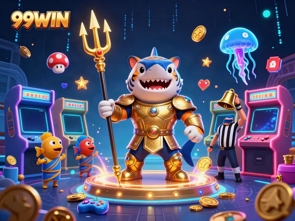 99WIN showcases thrilling casino adventures in vivid underwater gladiator scenes with a tiger shark and arcade games.