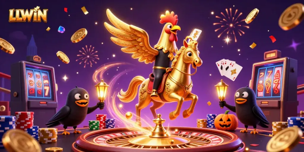 Experience thrilling games at LLWIN with the golden rooster, a spectral horse, and vibrant casino elements.