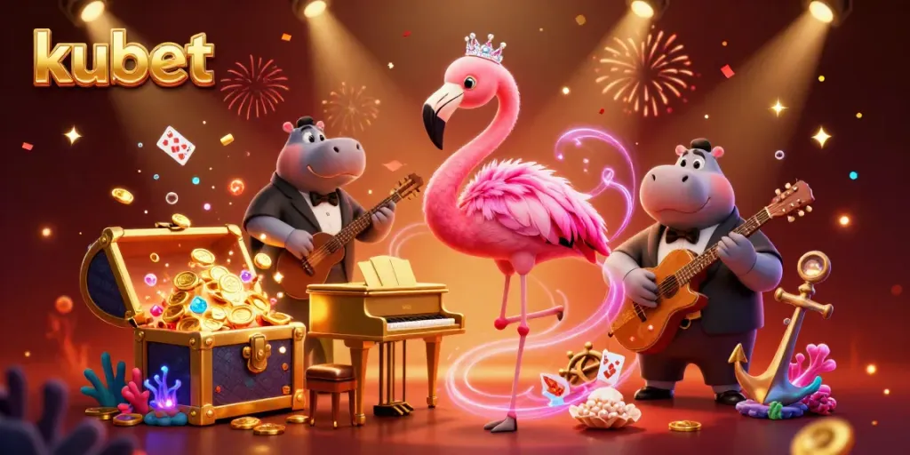 Kubet casino scene showcasing a flamboyant flamingo singer and a hippo bassist in a vibrant atmosphere.