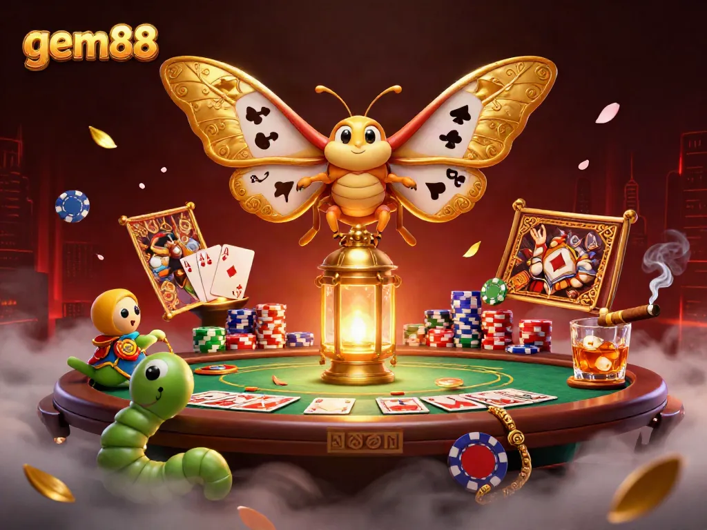 Experience gem88 through a vibrant 3D casino scene with an atlas moth, poker elements, and rich details.