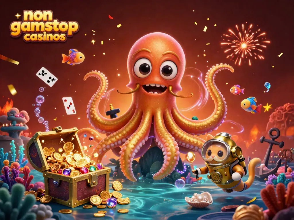 Engage with non gamstop casinos through this vibrant 3D illustration of a kraken and diving cat amidst treasures.