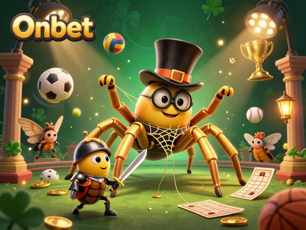 Onbet gaming scene with a giant golden spider, beetle knight, and sports elements in a dynamic casino.