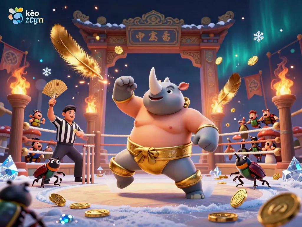 Experience the thrill of kèo trực tuyến with a dynamic illustration featuring a beetle sumo champion and a judging cricket.