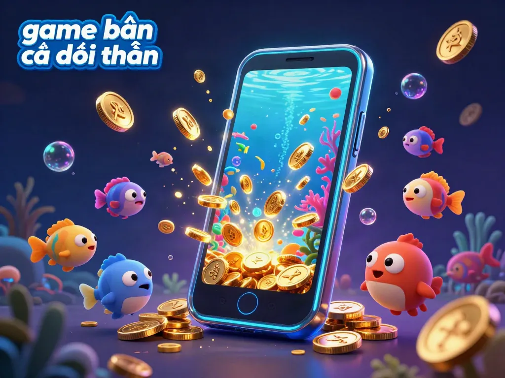 Engage in game bắn cá đổi thưởng with vibrant fish interactions and overflowing coins in a dynamic underwater scene.
