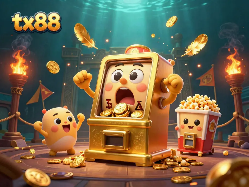 Experience tx88's excitement with golden slot machines cheering in an atmospheric casino scene.