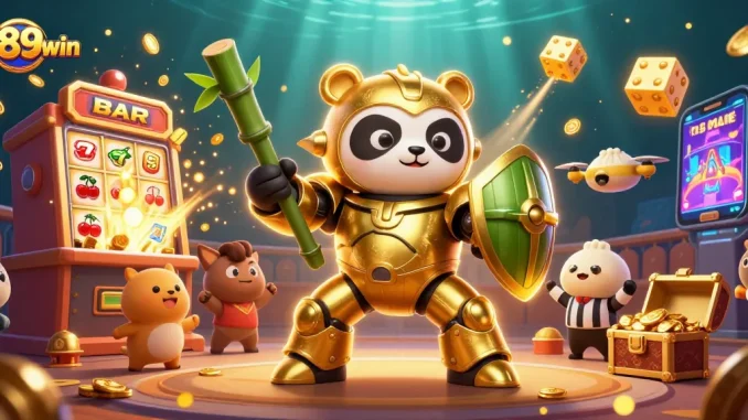 Engage with the vibrant 789win casino scene showcasing a golden panda in a mech-suit battling with dynamic casino elements.