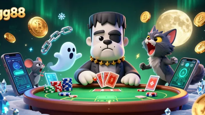 gg88 cartoon character dealing poker cards with Bitcoin, Ethereum, and a spooky atmosphere